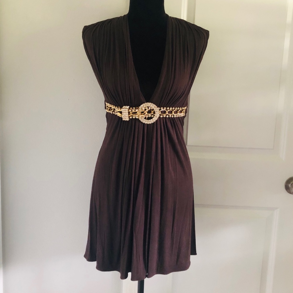 Brown Sleeveless Mini Dress w/ Bling Belt